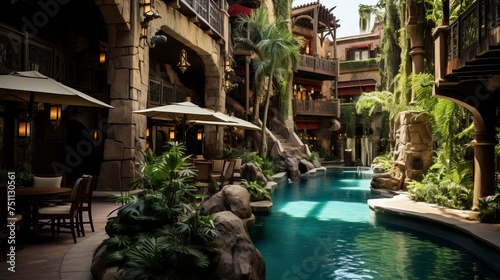 A desert oasis with a palm tree and a watering hole