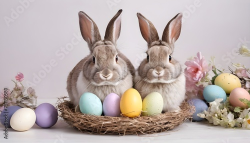 two bunnies sitting in a nest with easter eggs