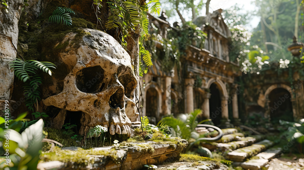 Garden with human skull