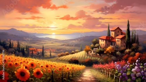 Tuscany landscape panorama with sunflowers and house at sunset © Iman