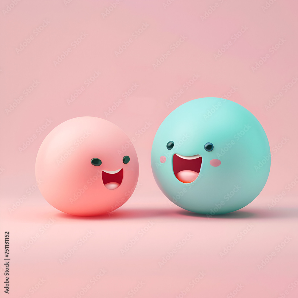 Isolated Pair of Smiling Pastel Pink and Blue 3D Emoticons on a Blank Background