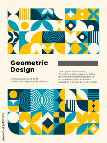 Modern turquoise and yellow abstract geometric pattern poster. Vector simple graphic shapes background banner with minimalist composition of circles, squares, triangles, lines and semispheres