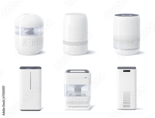 Realistic air purifier. Isolated 3d vector set of devices that removing contaminants like dust, allergens, and pollutants, improving indoor air quality for a healthier and fresher living environment.