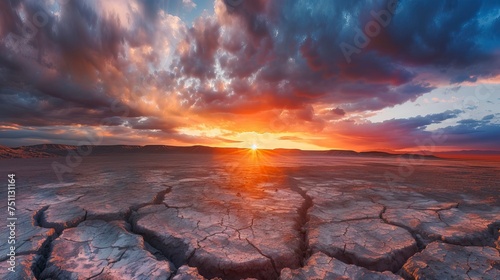 dramatic sunset over cracked earth. Desert landscape