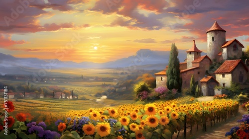 Landscape with sunflowers and castle at sunset - panorama