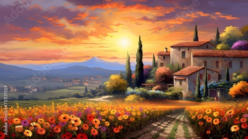 Sunset in Tuscany, Italy. Panoramic image photo