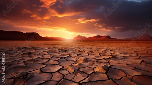 dramatic sunset over cracked earth. Desert landscape