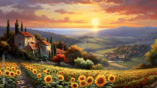 Panoramic view of sunflowers in Tuscany, Italy