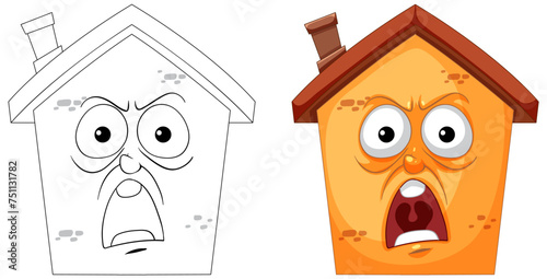 Two cartoon houses showing surprised and angry emotions.