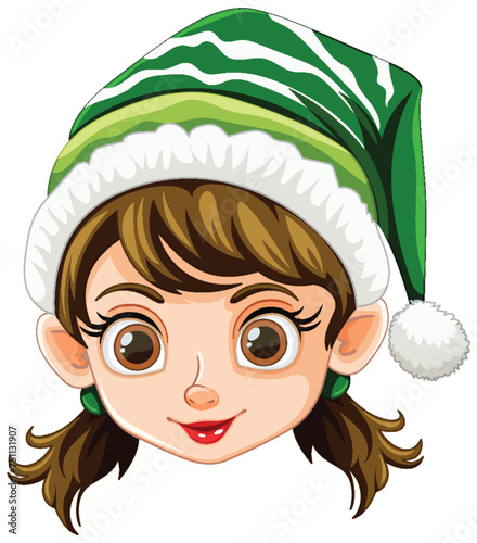 Cartoon elf girl with a cheerful holiday expression.