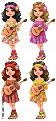 Four cartoon girls playing ukuleles in floral dresses.