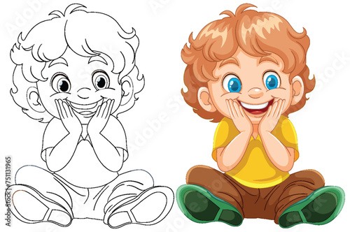 Colorful and line art of a happy, seated child