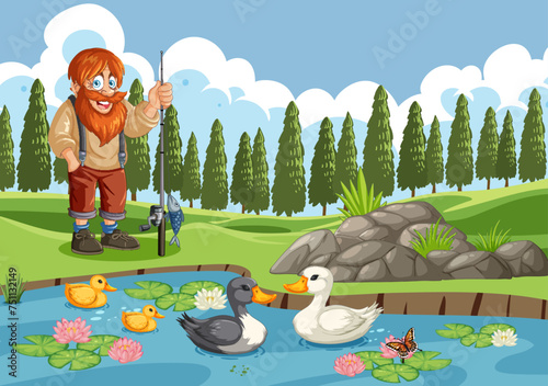 Happy fisherman with ducks in a serene pond