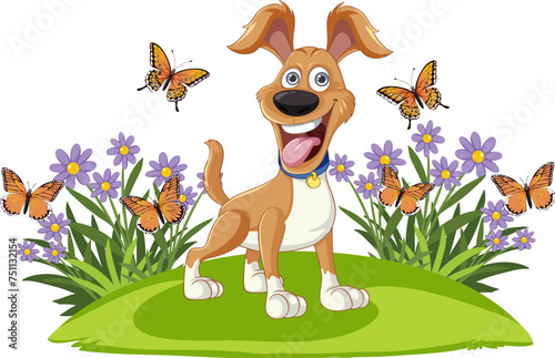 Cheerful dog enjoying nature with colorful butterflies
