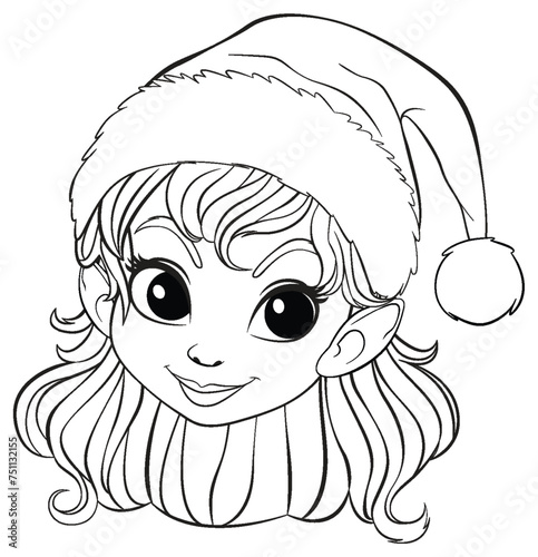 Elf girl with Santa hat line art.