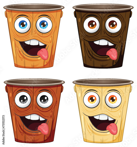 Four cartoon plant pots with lively facial expressions.