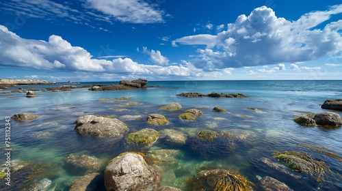 Coastal rocks adorned with seaweed, framed by the contrast of the vivid blue sky and the endless ocean.