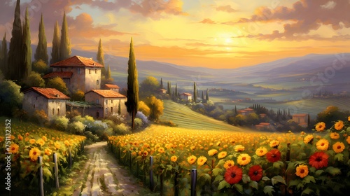 Sunflower field at sunset in Tuscany, Italy. Digital painting.