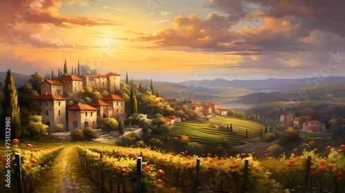 Panoramic view of Tuscany, Italy at sunset.