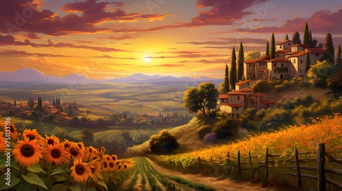 Panoramic view of Tuscany with sunflowers at sunset