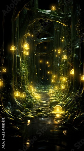 Abstract and magical image of Firefly flying in the night forest