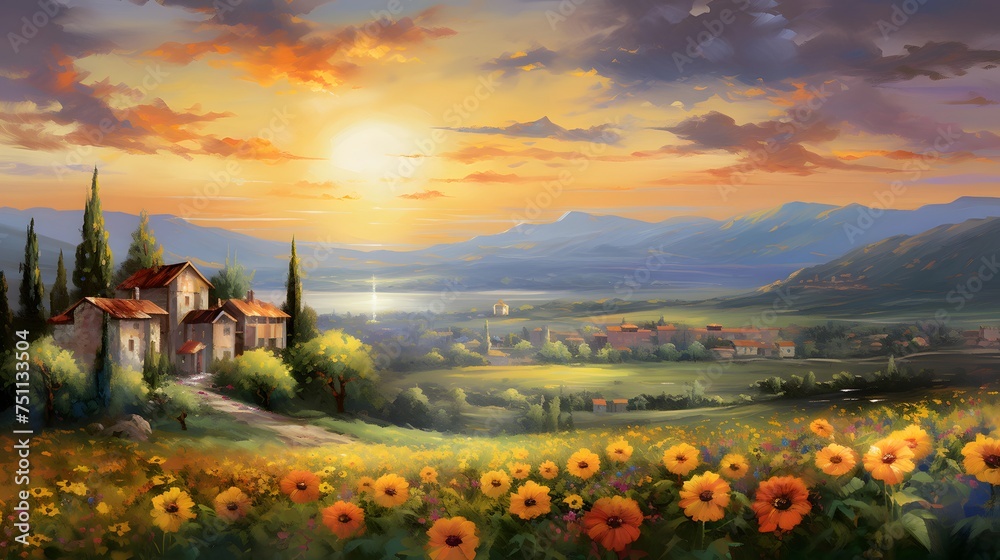 Landscape with sunflowers and house at sunset in Tuscany, Italy