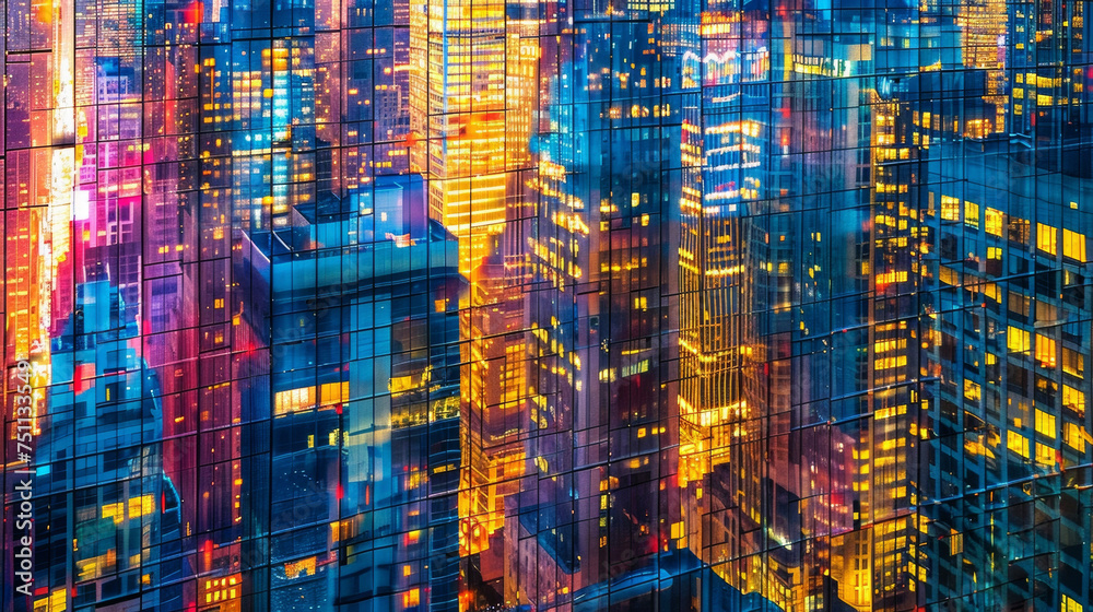 Vibrant city lights captured in the reflective surfaces of tall glass buildings giving a glimpse of the bustling urban life.