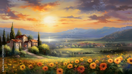 Landscape with sunflowers and house at sunset in Tuscany, Italy