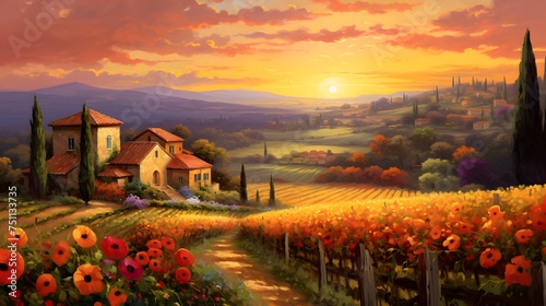 Sunset in Tuscany, Italy. Panoramic view of Tuscan countryside.
