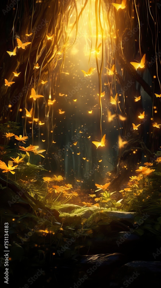 Abstract and magical image of Firefly flying in the night forest