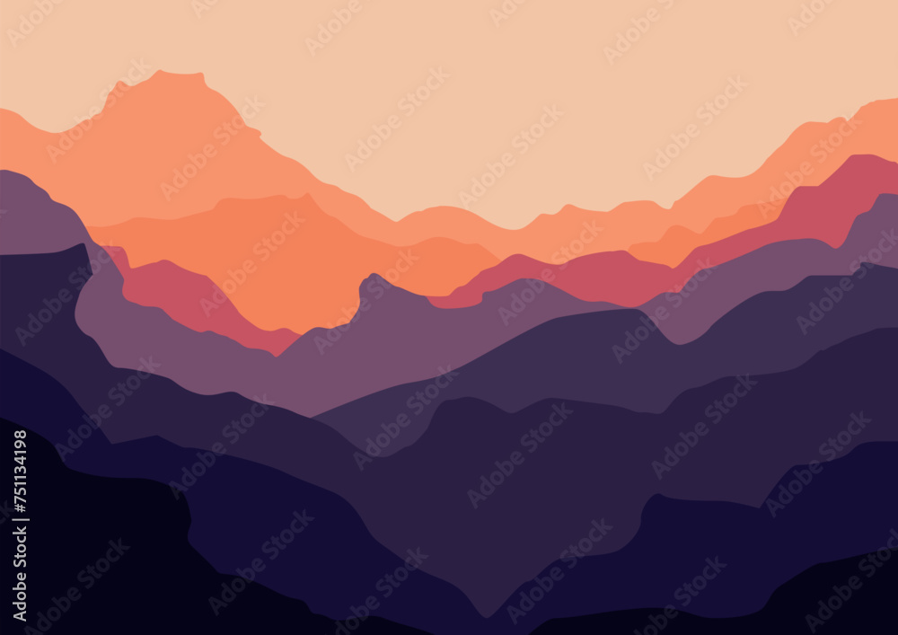 Landscape with mountains panorama Vector illustration in flat style.