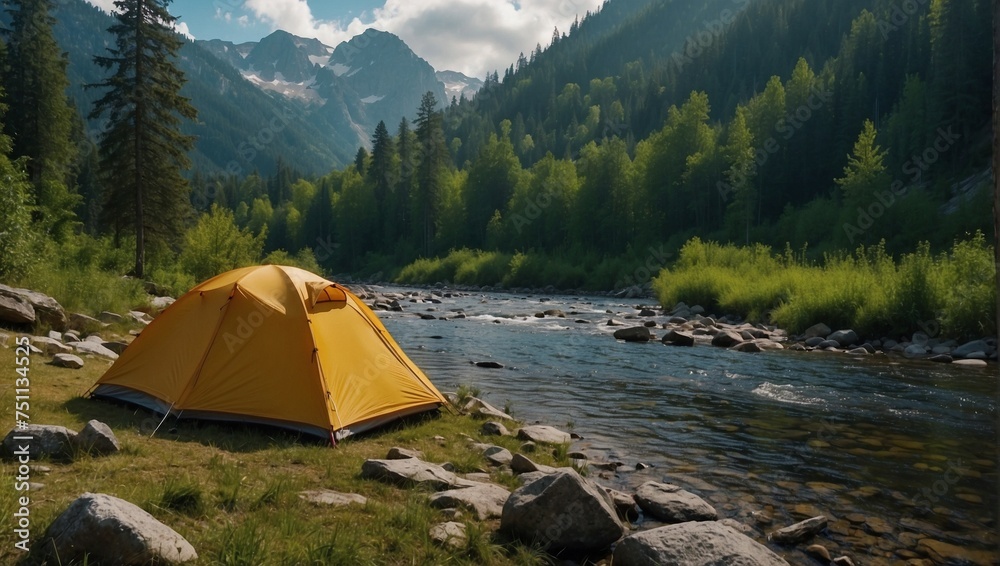 Yellow tent in a mountainous forest with a river