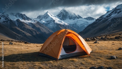 Tent for camping or traveling, near the Andes Mountains, snow