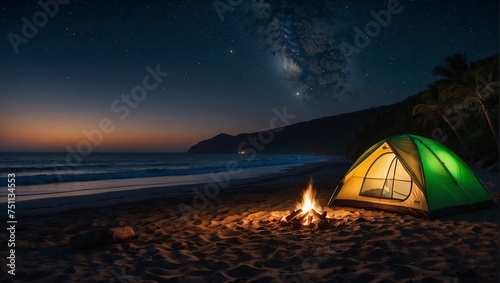 Tent on the shore of the beach at night, sky with stars and a campfire