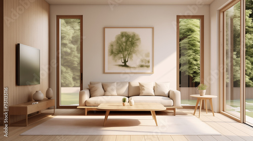 Sunny Living Room with Beige Sofa, Wooden Coffee Table, and Lush Greenery Outside © HecoPhoto