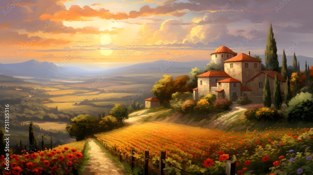 Landscape of Tuscany, Italy. Panoramic view of a vineyard at sunset.