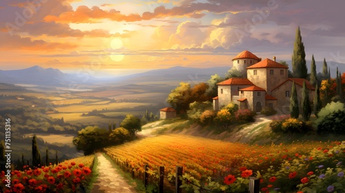 Landscape of Tuscany, Italy. Panoramic view of a vineyard at sunset.