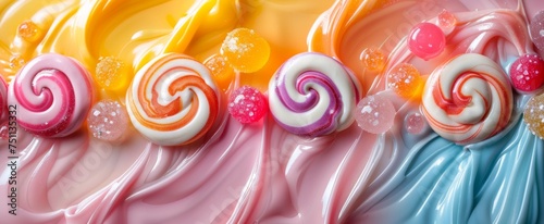 Assorted swirling lollipops and gumdrops on a creamy background with a sugary sheen.