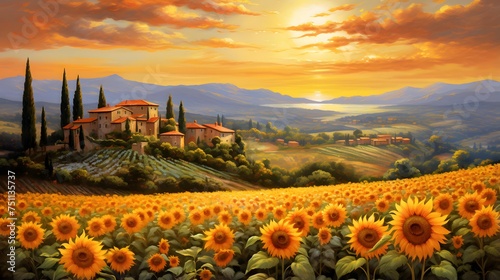 Sunflower field in Tuscany, Italy. Digital painting.