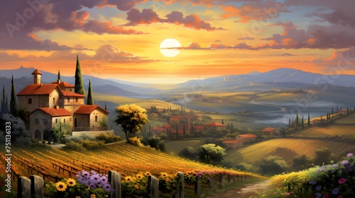 panoramic view of Tuscany landscape at sunset, Italy