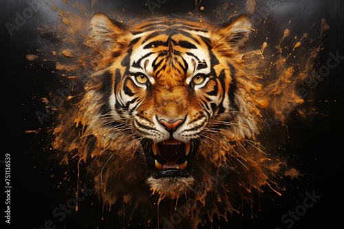 Tiger embodying predator instinct amidst a surreal art landscape with a blazing warmth and mix texture photo