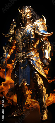 a flaming The Yamata No Orochi wears golden armor, 9:20, ai generative photo