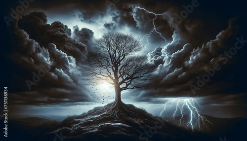 A striking image of a tree in a lightning storm with dark clouds and flashes of electricity, symbolizing courage and fortitude. Emphasizes nature’s survival. Generative AI.