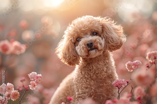 Fototapeta Naklejka Na Ścianę i Meble -  Poodle with blooming pink flowers in background.  pet products advertising. 