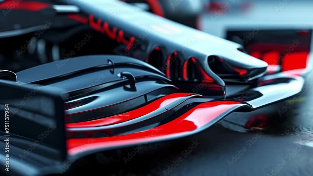 Macro shot of a Formula 1 cars front wing emphasizing the intricate design and use of aerodynamic elements such as canards and strakes to reduce drag and improve downforce.