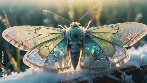 ethereal glowing holographic crystalised moth on a frosty spring morning