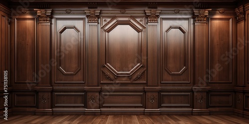 Luxury wood paneling background or texture. highly crafted classic / traditional wood paneling, with a frame pattern, often seen in courtrooms, premium hotels, and law offices. © Coosh448