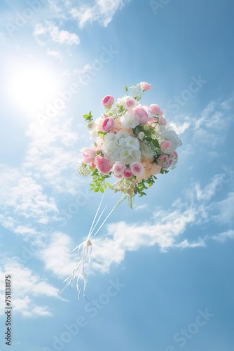Bouquet of flowers tossed into the air under blue sky.  Event celebration photography.