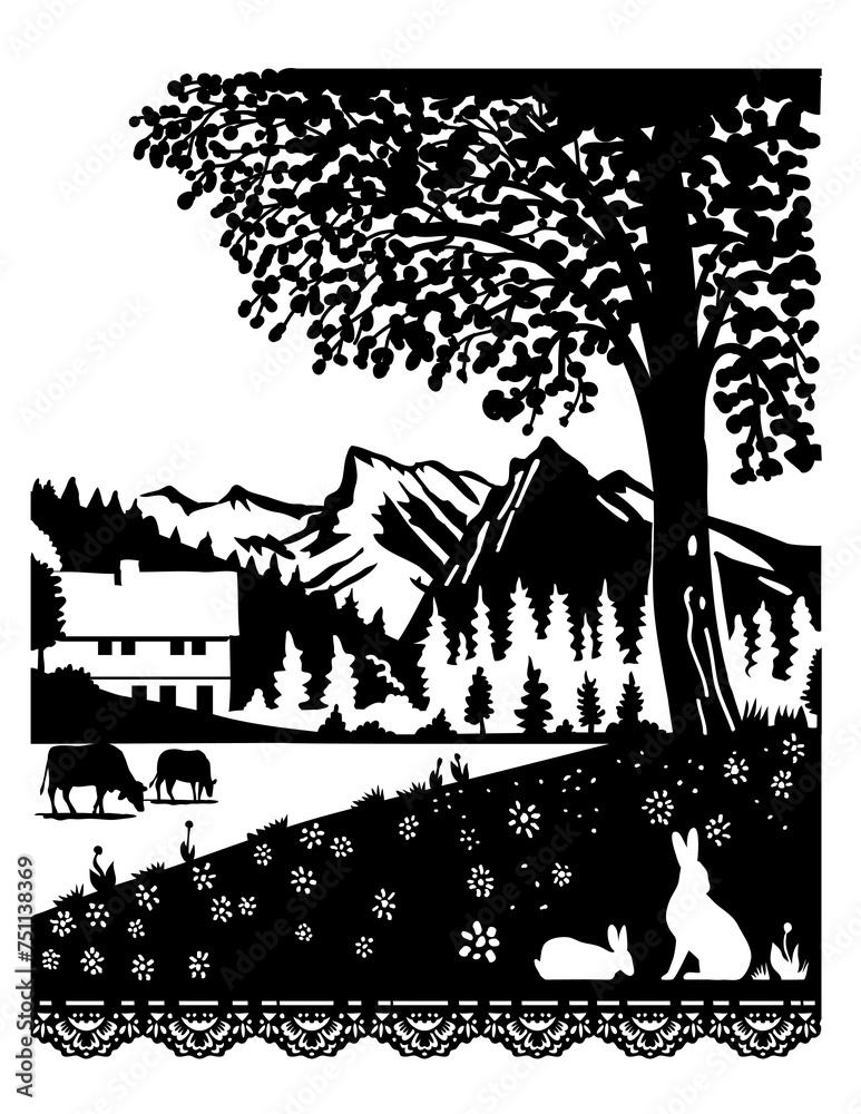 Obraz premium Swiss scherenschnitte or scissors cut illustration of silhouette of a cow and rabbit in a village in Diemtigtal Nature Park in the canton of Bern, Switzerland done in paper cut or decoupage. 