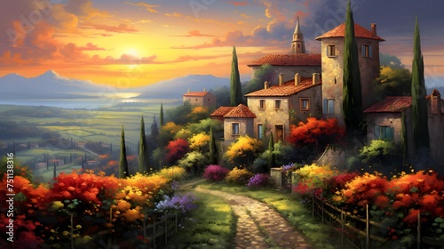 Tuscany landscape panorama with old villa at sunset, Italy